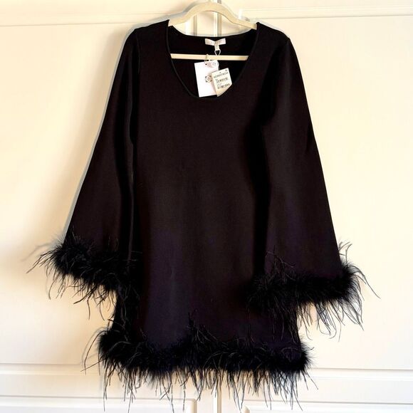 NWT WAYF (Where Are You From) “Karlie” black feather trim long sleeve mini dress - Picture 7 of 13
